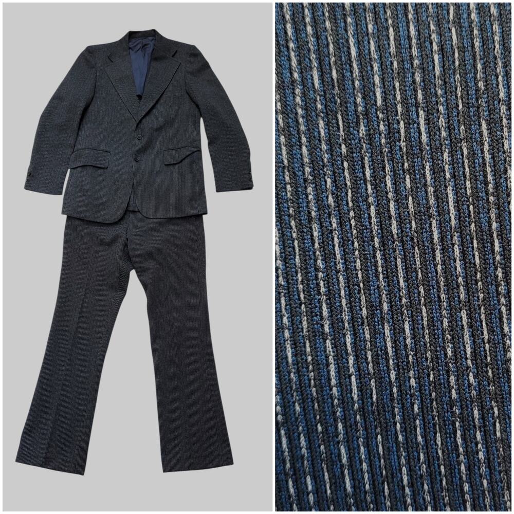 Vintage Blue Striped Poly 2 Piece Leisure Suit Blazer Jacket 42"x31" Pants 32"